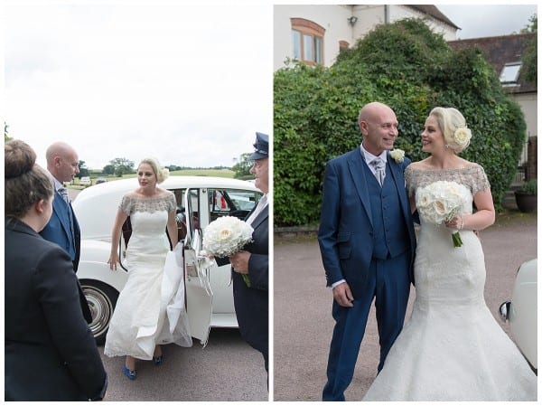 The bride arriving at Bordesley Park Farm with her Dad
