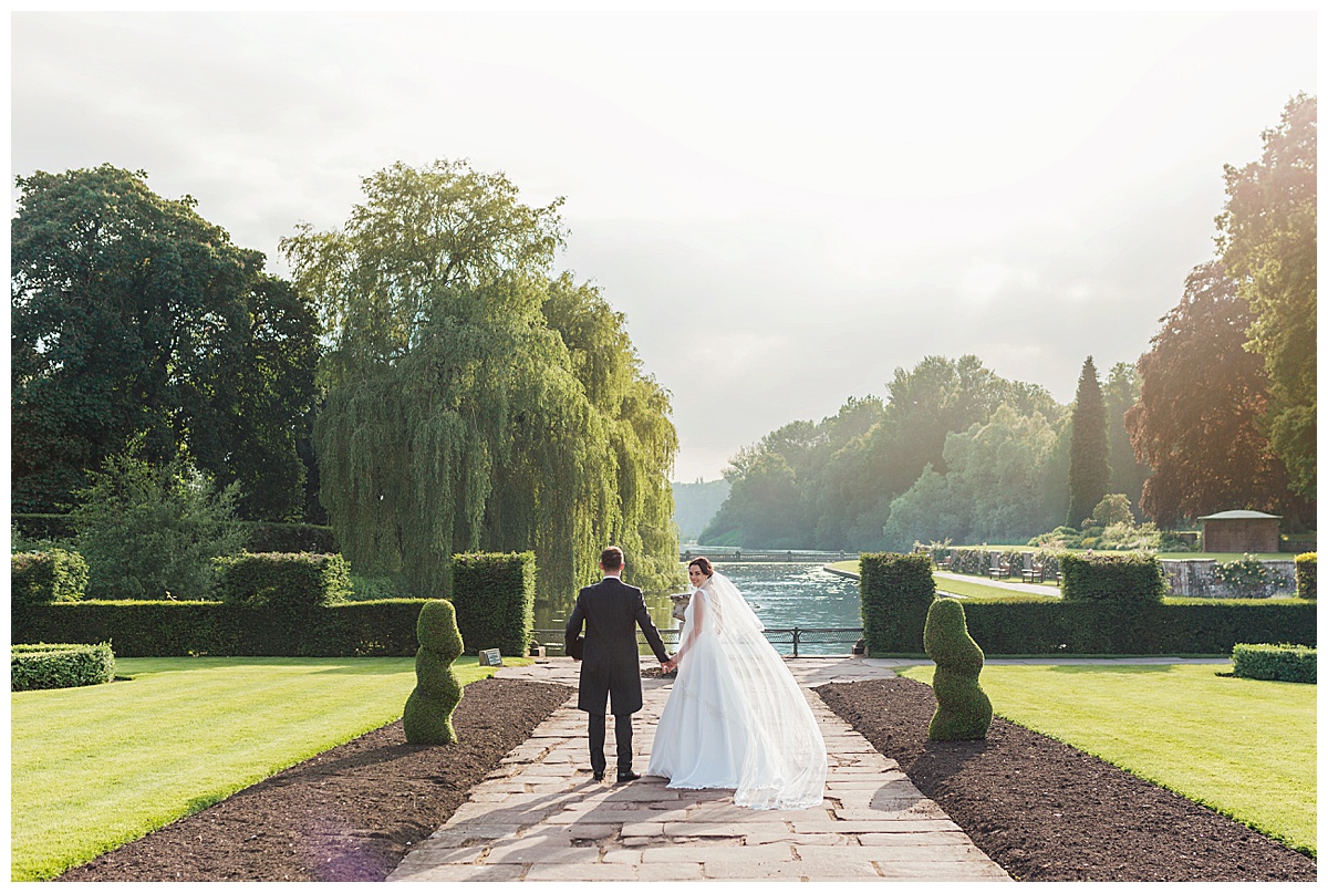 Bride and groom west terrace Coombe Abbey